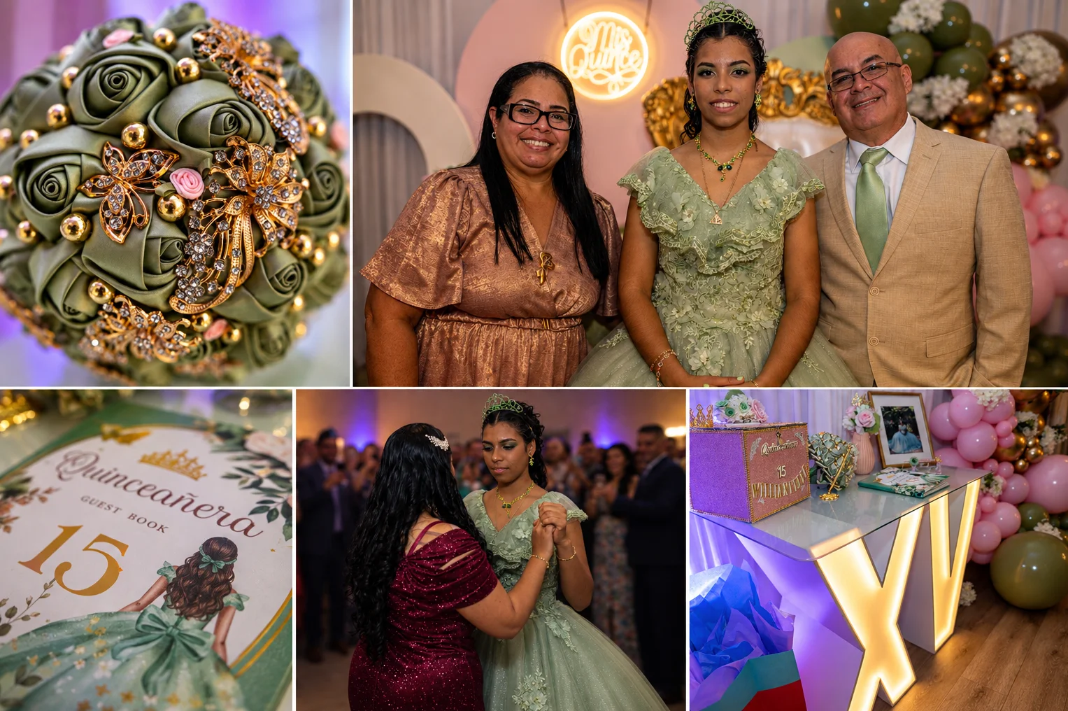 A quinceañera collage featuring a green gown, family portraits, dancing, and celebration details.