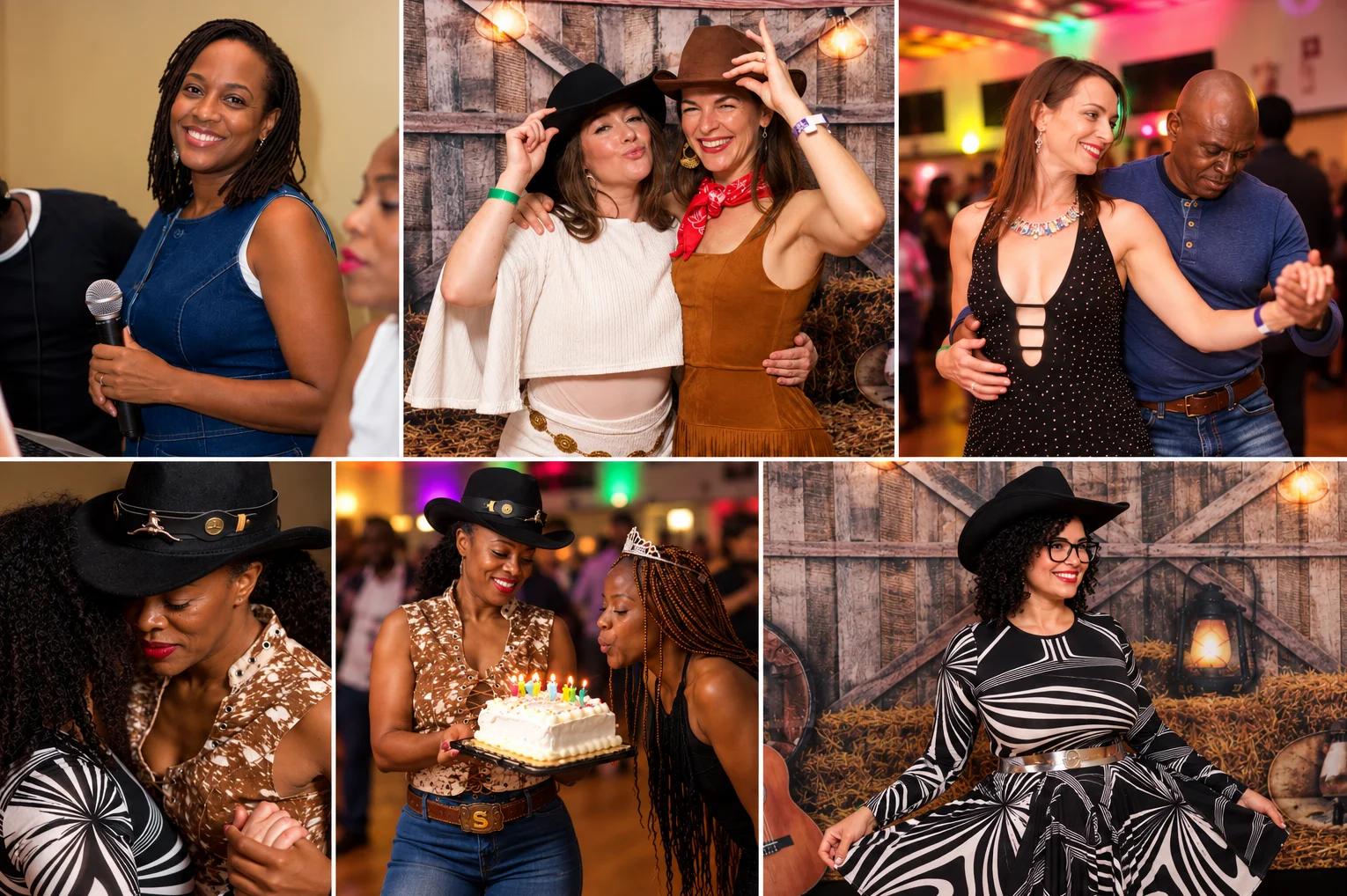 A private celebration collage showing guests, dancing, portraits, and birthday candles.