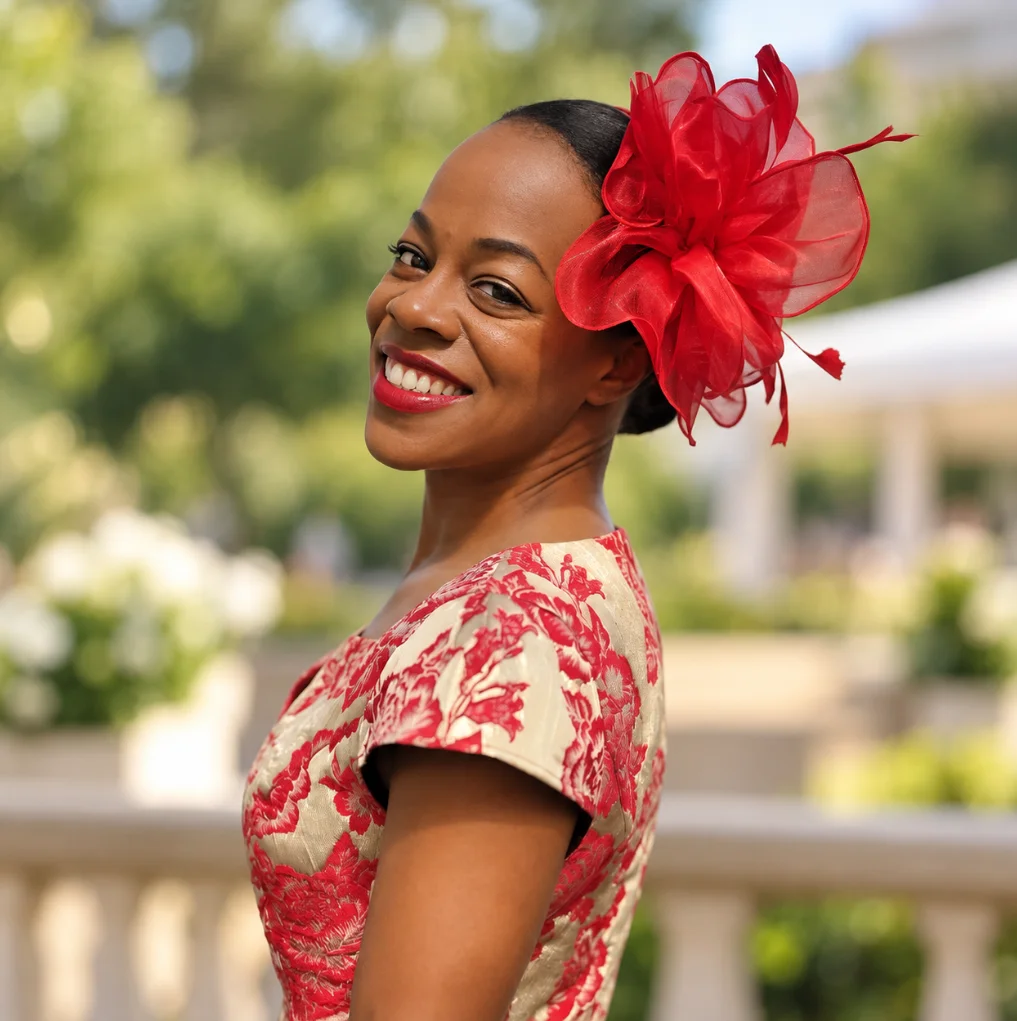 A smiling woman wearing a red floral headpiece and patterned dress outdoors.