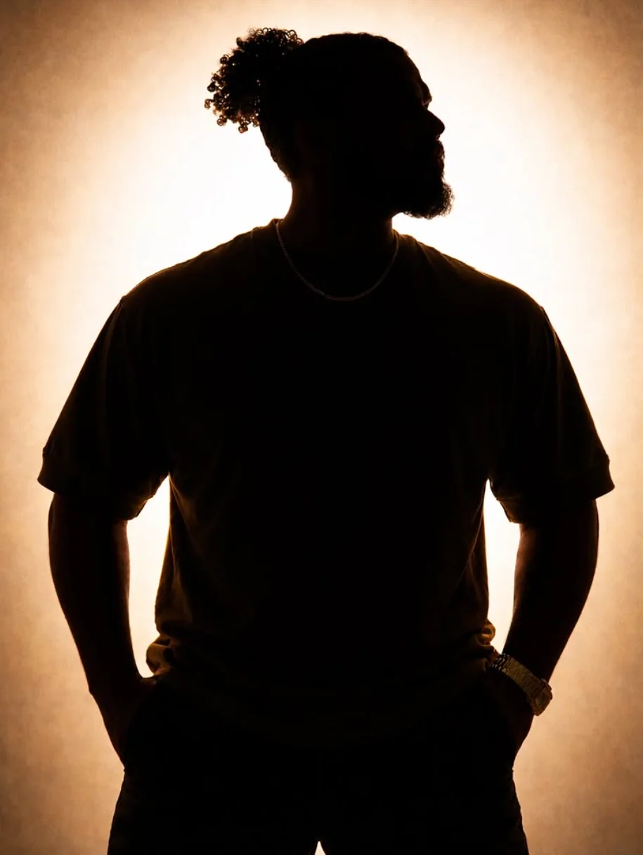 A silhouetted portrait against a warm, glowing background.