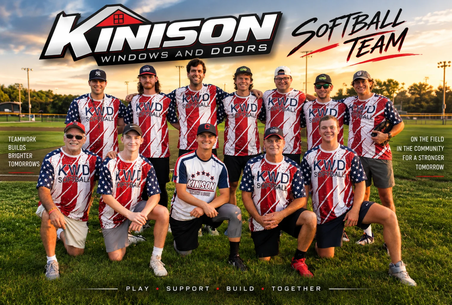 A softball team portrait at sunset with team graphics.
