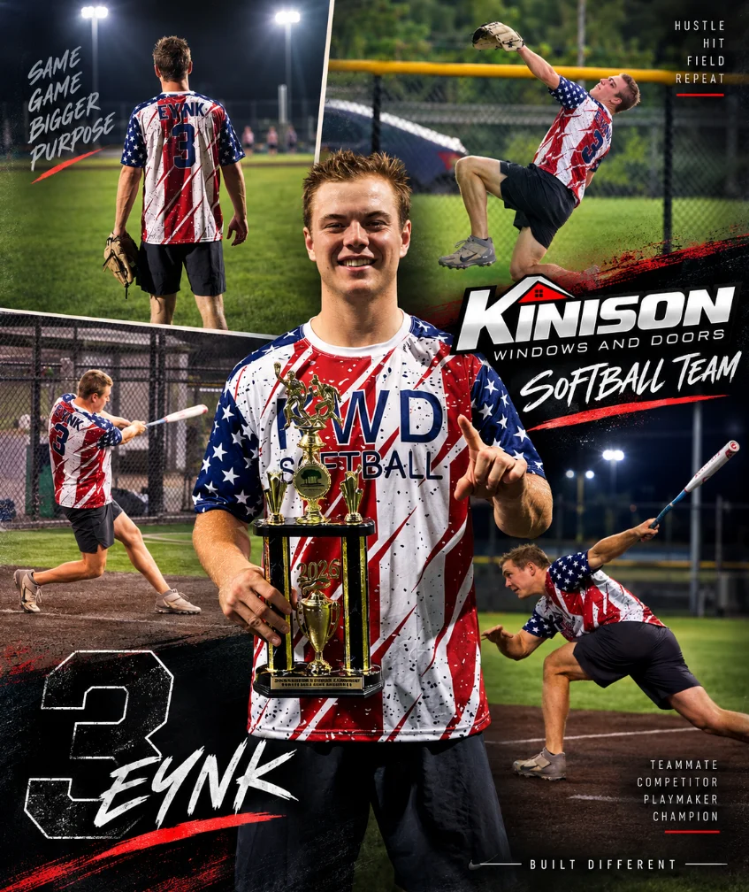 A softball player collage combining action photographs and a trophy portrait.