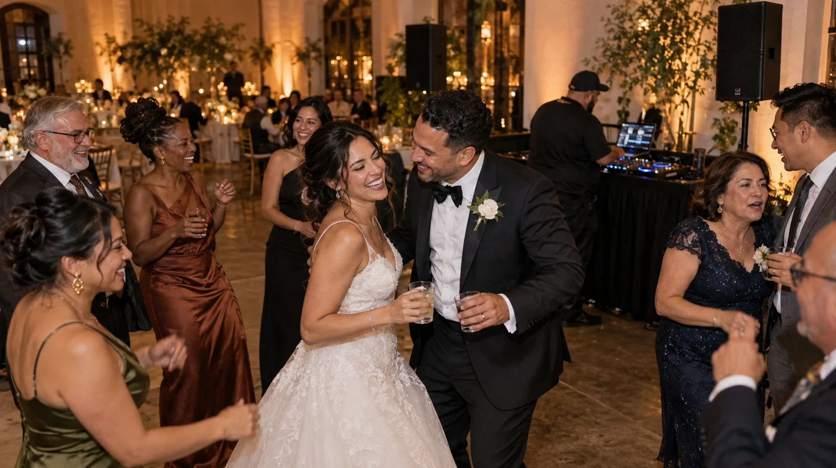 A wedding couple dancing with guests in a warmly lit reception venue.