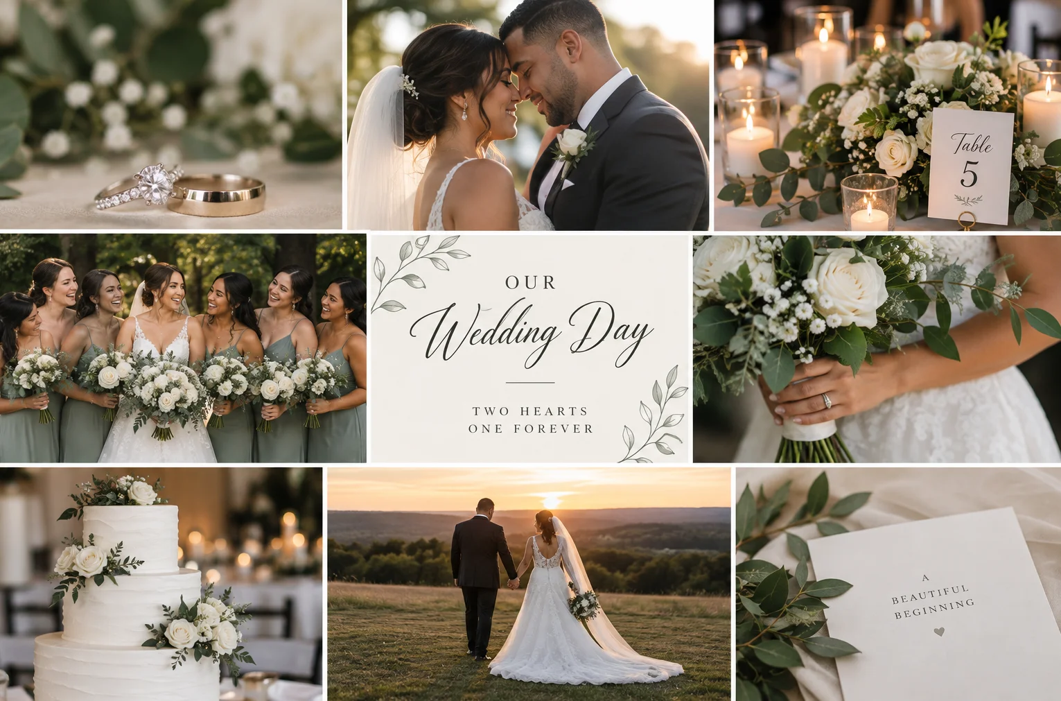Wedding collage with a couple, wedding party, rings, flowers, cake, and reception details.